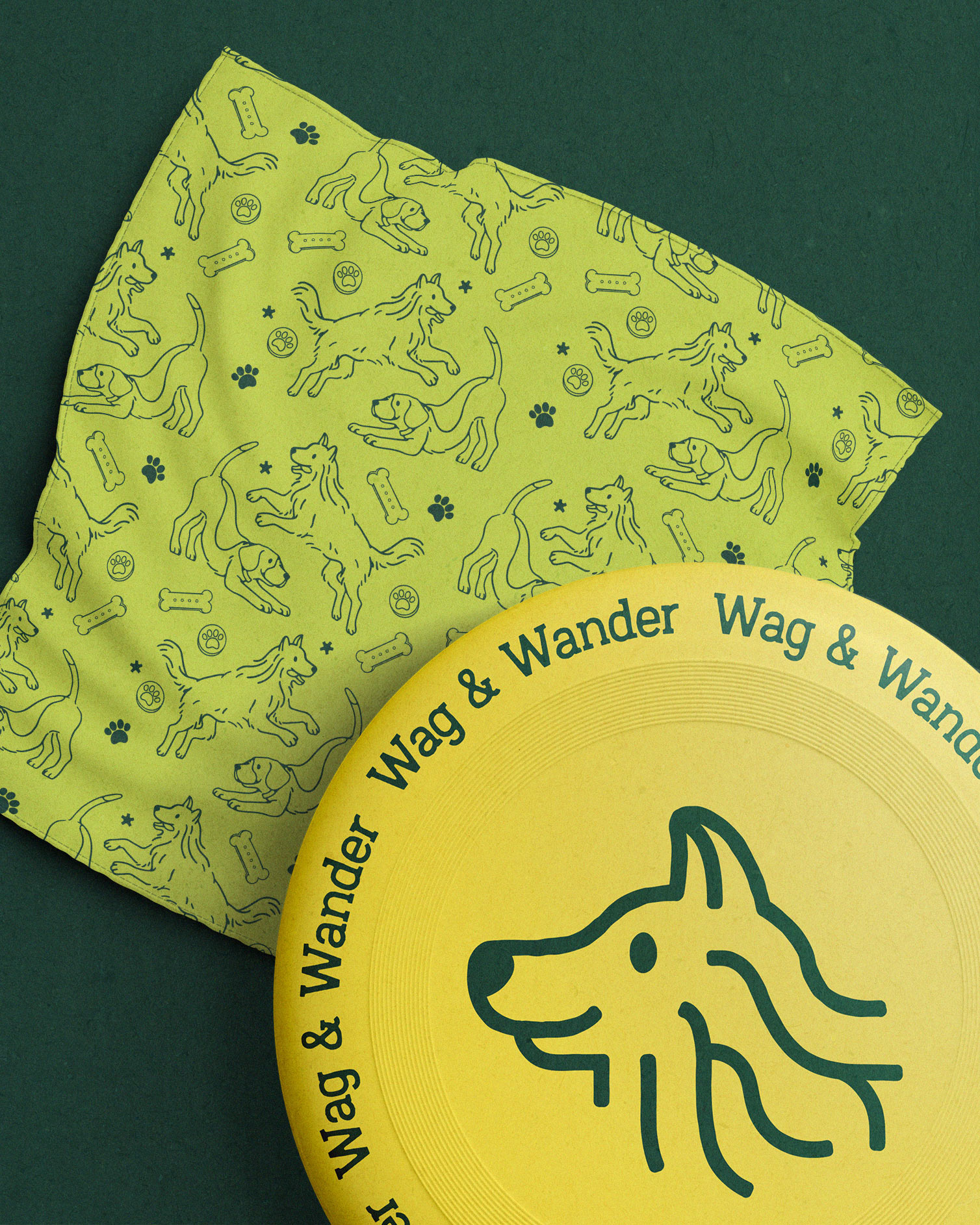 Wag and Wander branded bandana and frisbee.