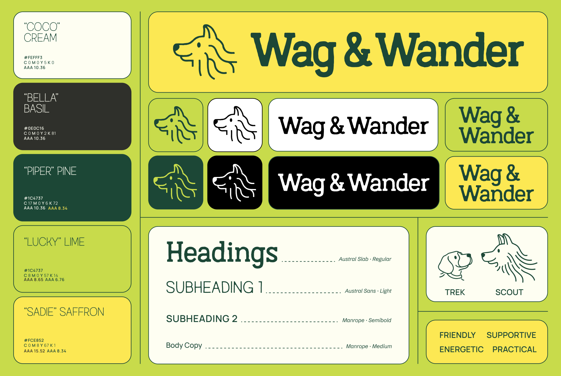 A brief brand guide for Wag & Wander, dog enrichment playgrounds